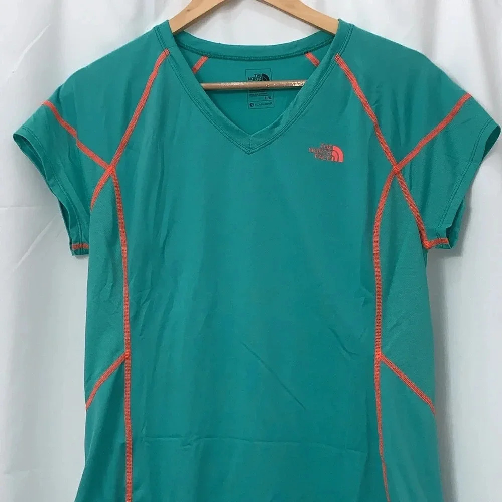 The North Face Womens FlashDry V-Neck Short Sleeve Athletic Tee Green Pink L - Picture 3 of 7